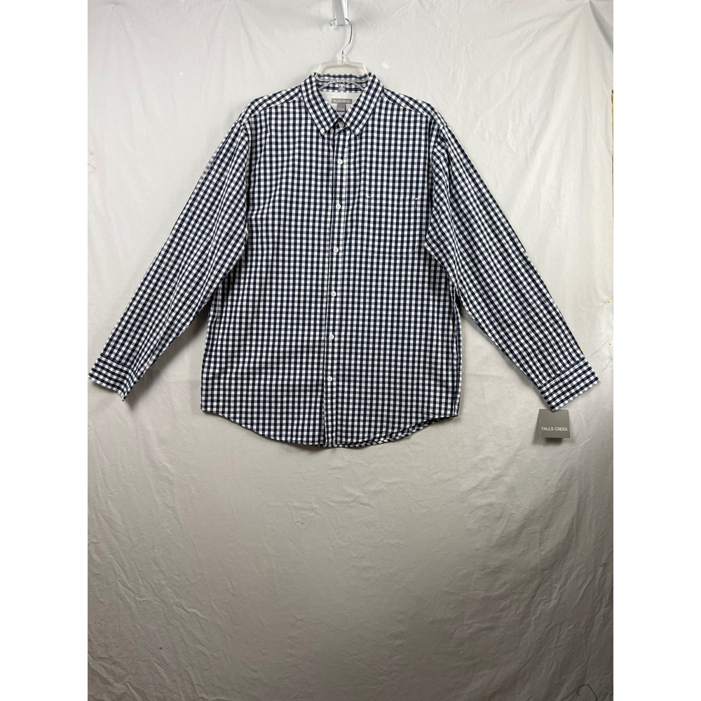 Falls Creek Button Down Shirt Mens L Navy Blue White Gingham Poplin Classic NEW